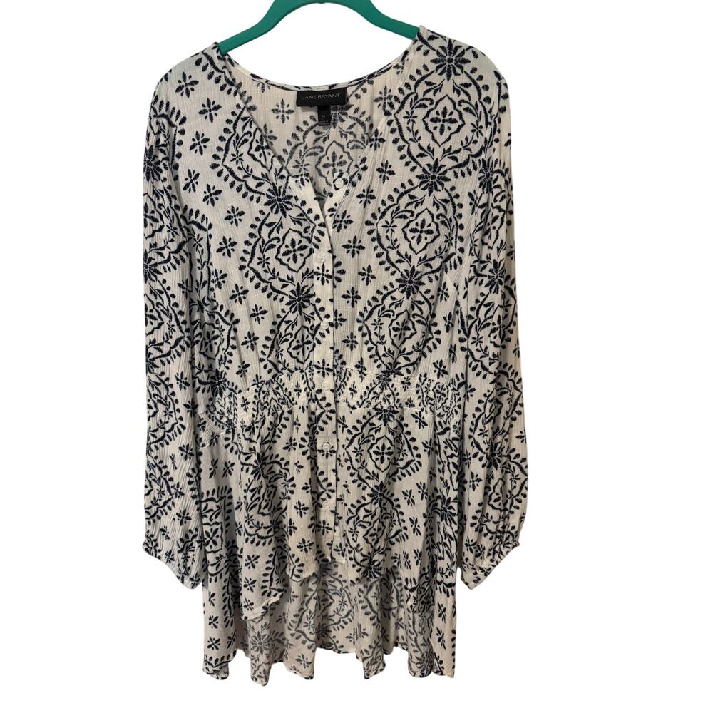 Womens Hi-low Lane Bryant Long Sleeve Blue & White Rayon Button Shirt Size 14